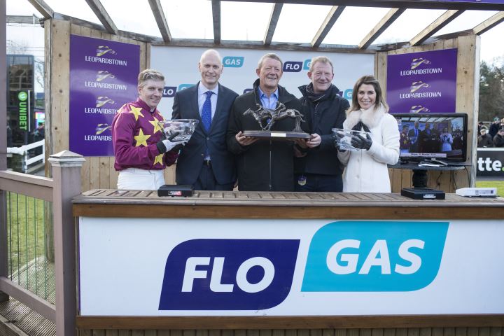 Jockey Noel Fehily, John Rooney, managing director Flogas Ireland, owner Barry Maloney, Michael Moloney and Heather de Bromhead, wife of trainer Henry de Bromhead, at the presentation of the Grade 1 Flogas Novice Chase won by Monalee at the Dublin Racing Festival on Sunday 11th February 2018.